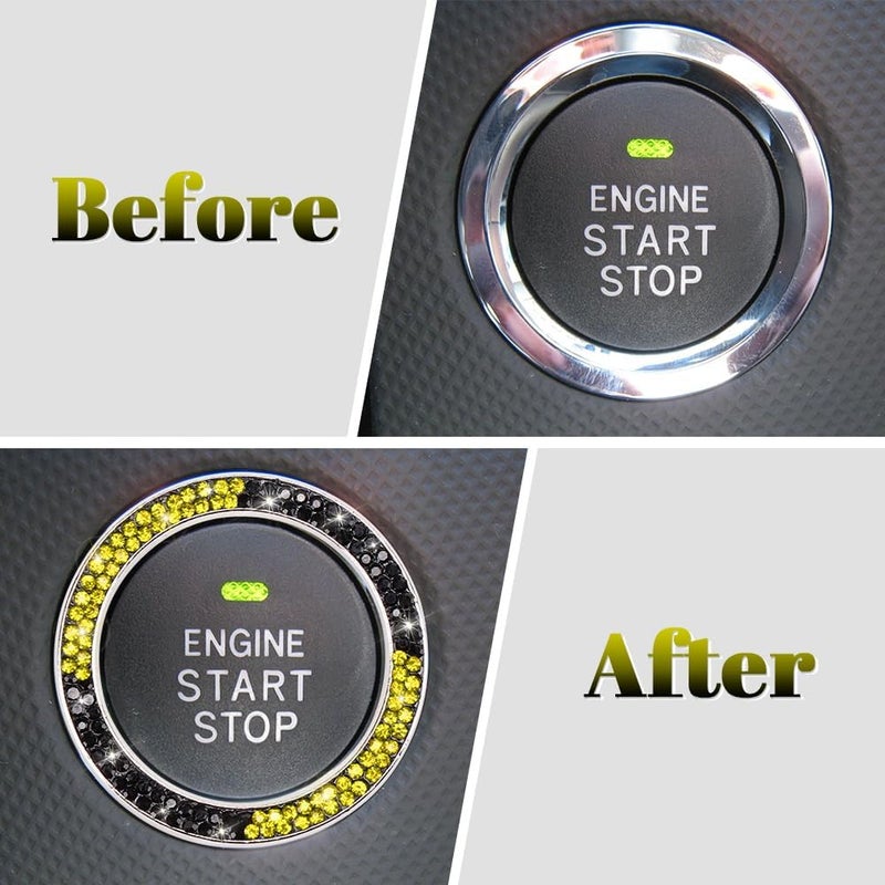 ToBeQueen Bling Black Yellow Push Start Button Cover Emblem Sticker, Crystal Diamond Rhinestone Engine Start Ring Car Decor, Yellow and Black Car Accessories for Women - Image 2